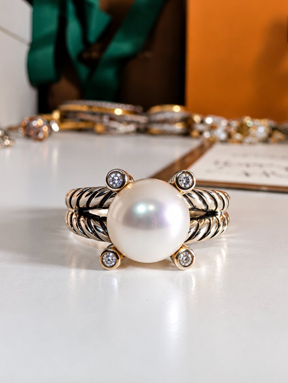 David Yurman  Pearl Diamond Ring Size 8